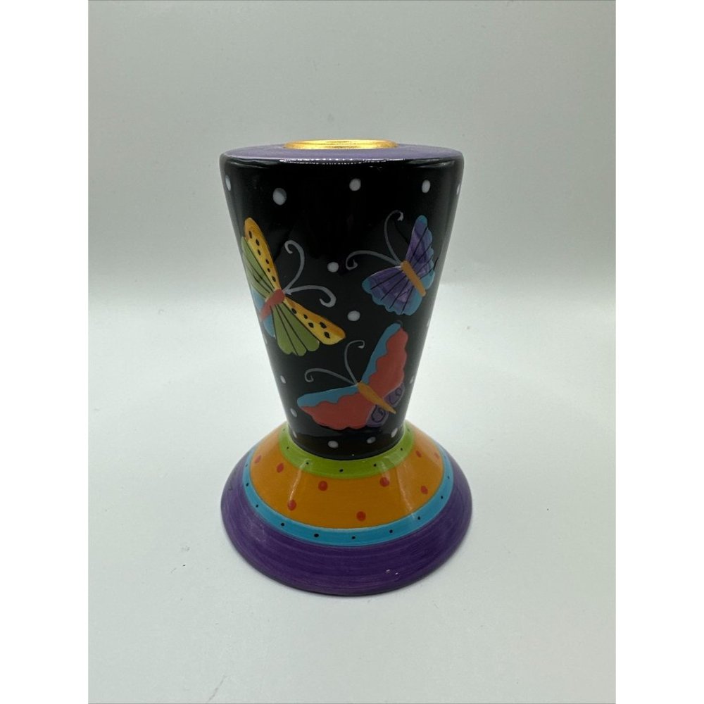 Vintage Laurel Burch Taper Candle Holder Hand Painted Butterflies Signed Ganz